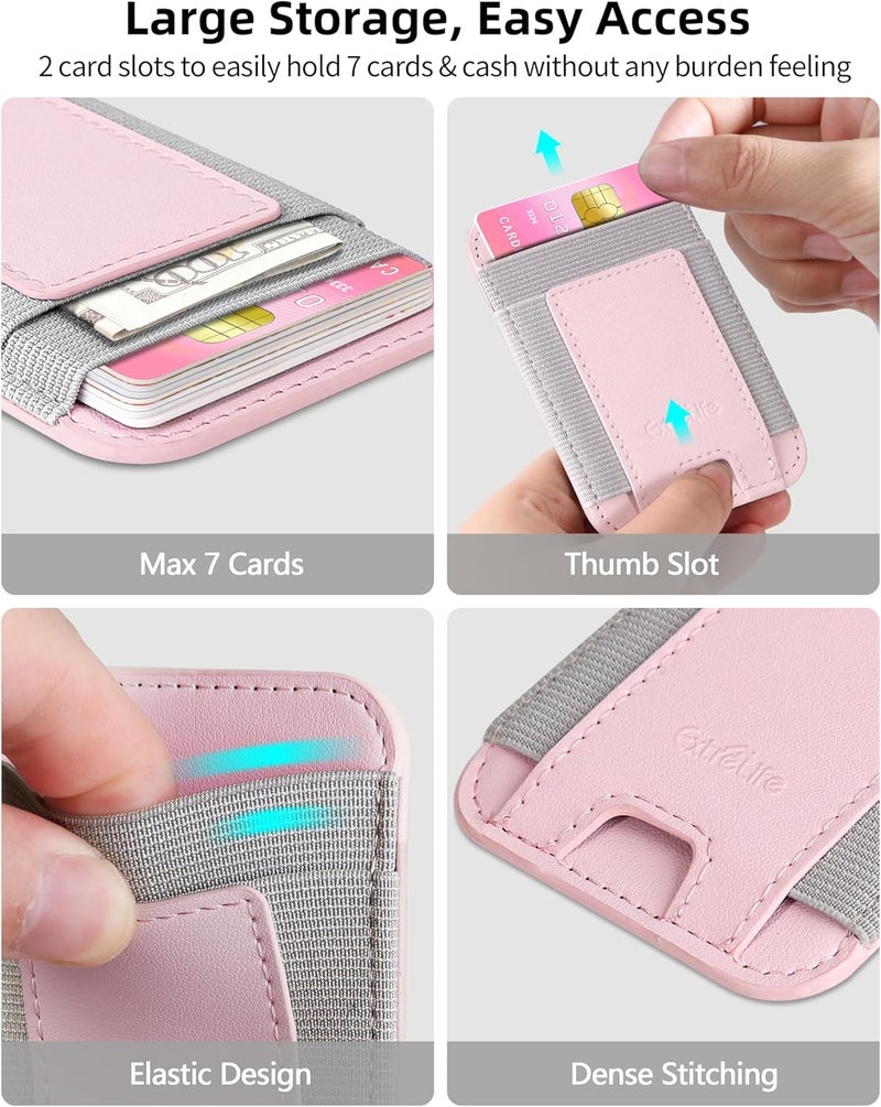 ExtreLife Phone Card Holder, Leather Phone Wallet Stick On, Stronger Adhesive Card Holder for Back of Phone, Credit Card Holder for Phone Case iPhone, Samsung, Android , RFID Blocking, Fit 7 Cards, Baby Pink - Image 3